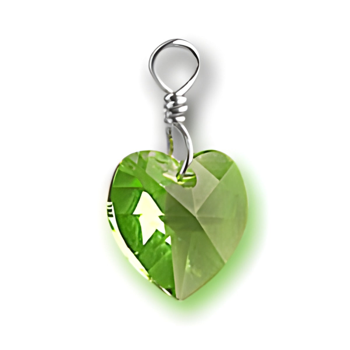 Crystal Birthstone Heart Charm made of green crystal with a sterling silver loop for attachment.