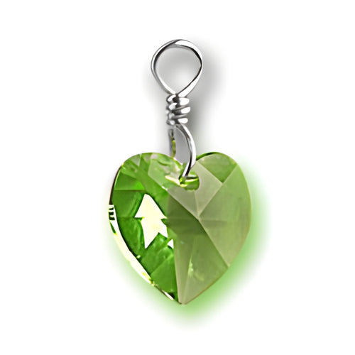Crystal Birthstone Heart Charm made of green crystal with a sterling silver loop for attachment.