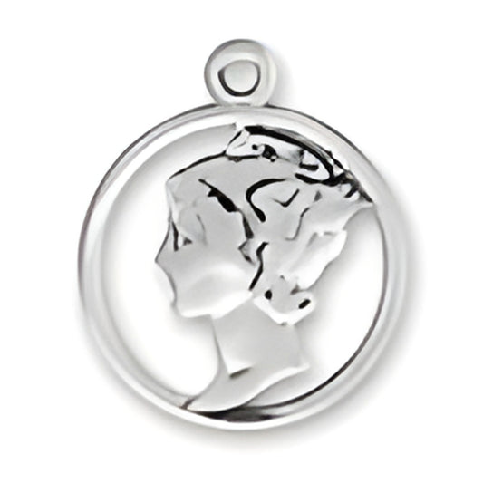 Cutout Mercury Head Dime Charm in sterling silver, featuring a profile of a woman encircled by a thin border.