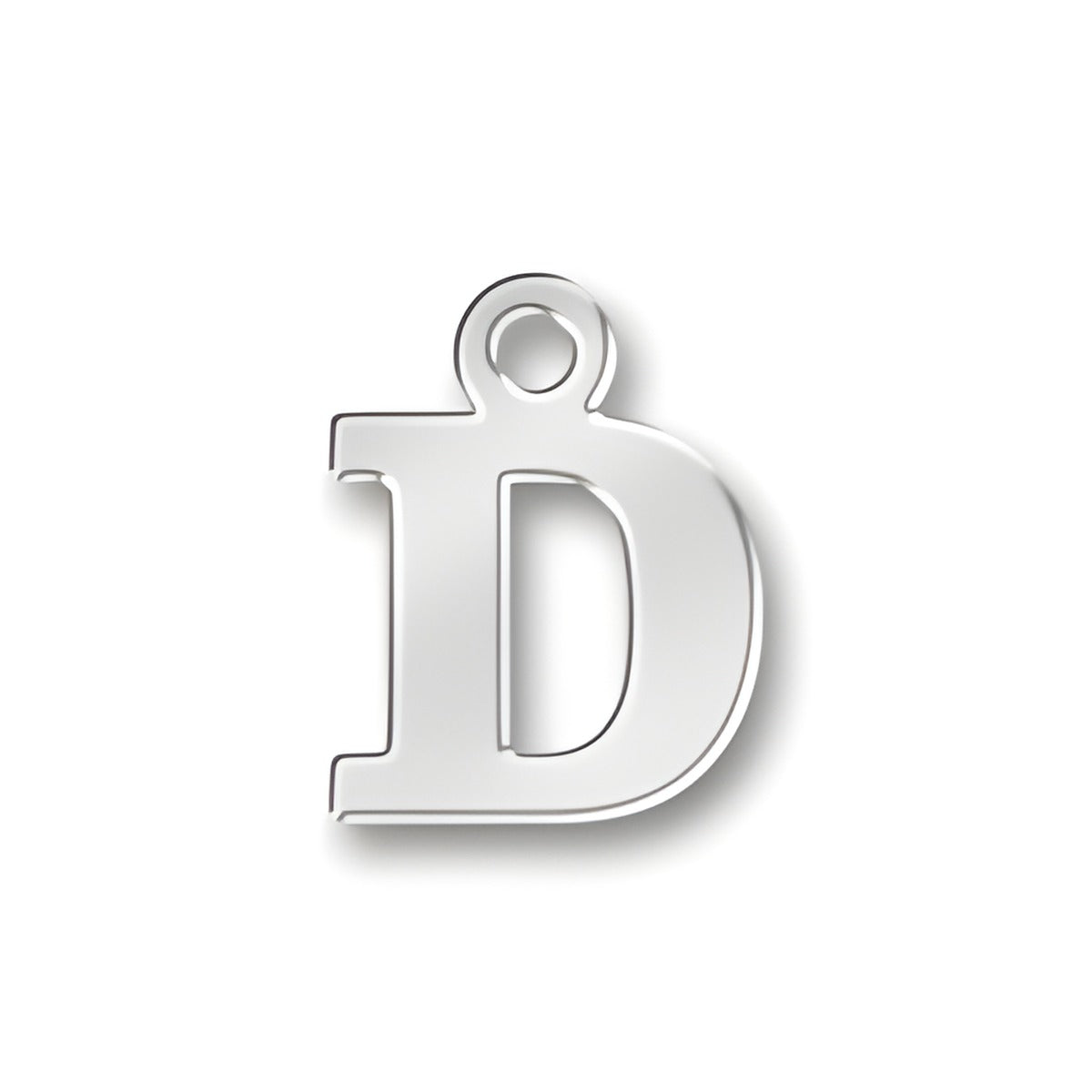Sterling silver D letter charm with a polished finish and a loop for attachment, designed by Charm Factory.
