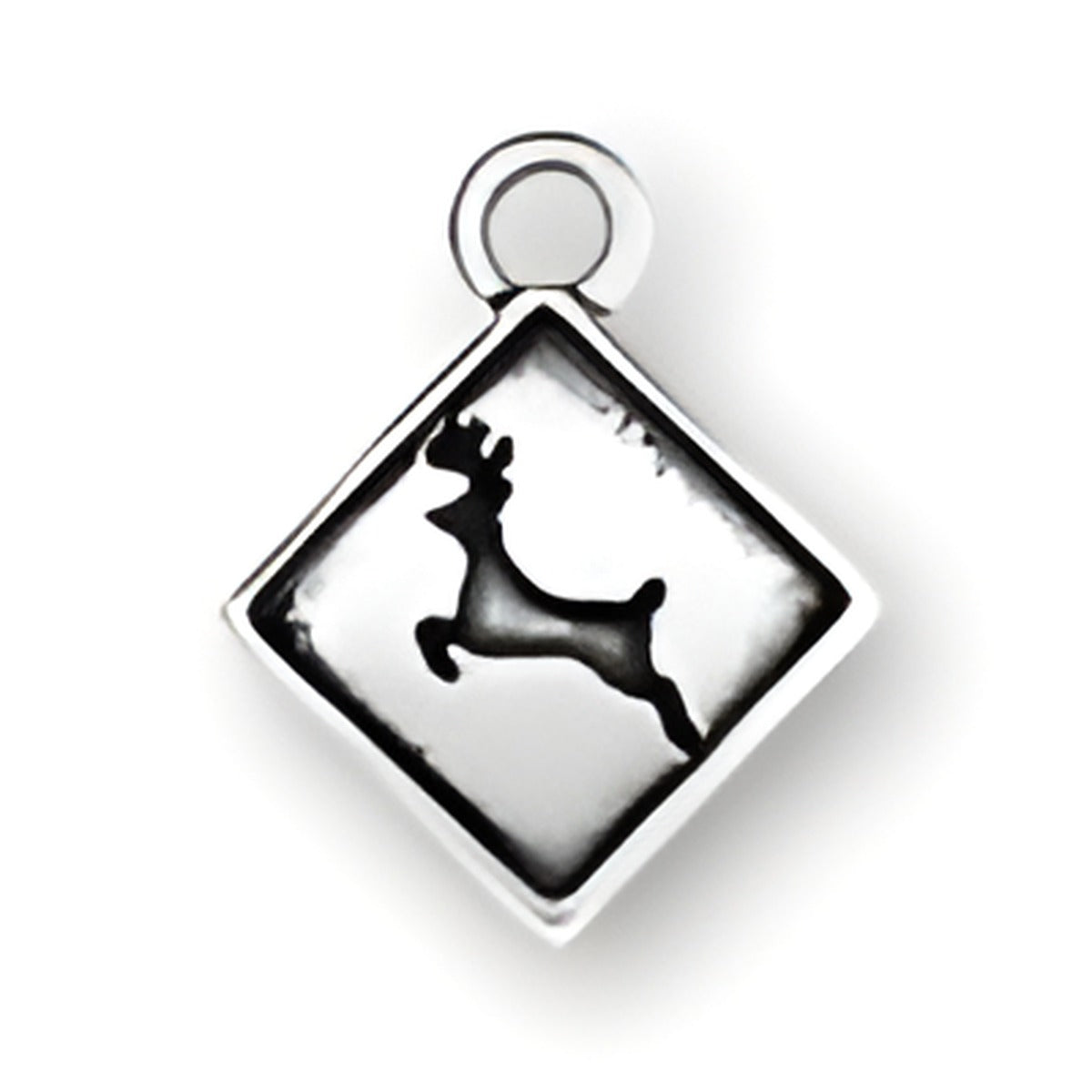 Charm Factory Deer Crossing Sign Charm, made of silver, features a leaping deer design in a diamond shape.
