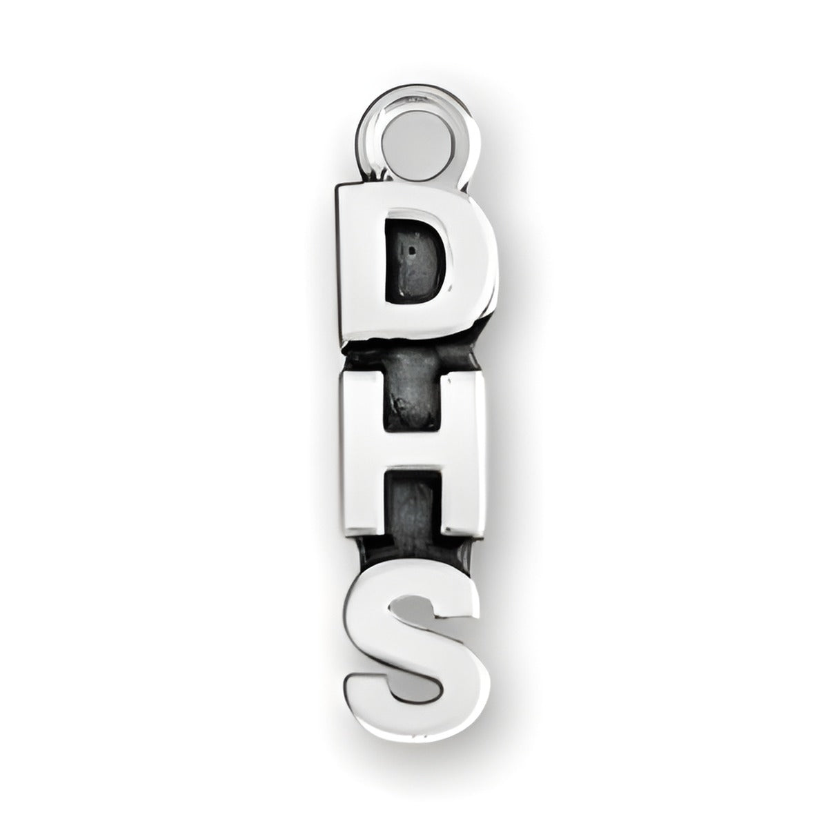DHS charm made of sterling silver, featuring three bold letters 'D', 'H', and 'S' in a stacked arrangement.