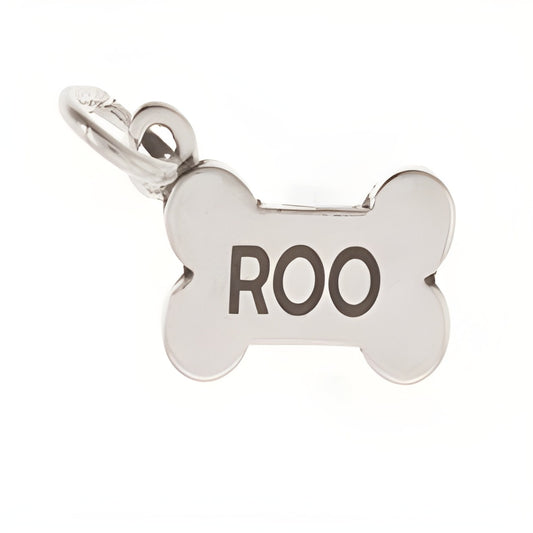 Charm Factory Dog Bone Charm made of silver, featuring the name 'ROO' engraved on the surface.