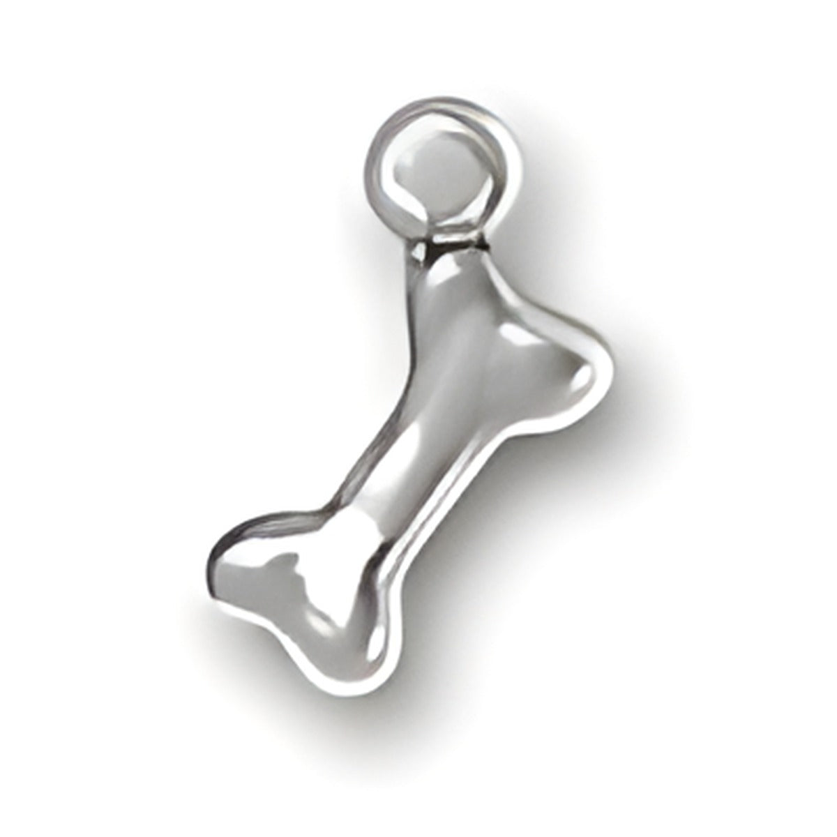 Charm Factory Dog Bone Charm, made of shiny silver metal, shaped like a dog bone with a loop for attachment.