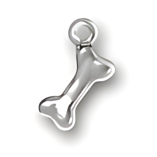 Charm Factory Dog Bone Charm, made of shiny silver metal, shaped like a dog bone with a loop for attachment.