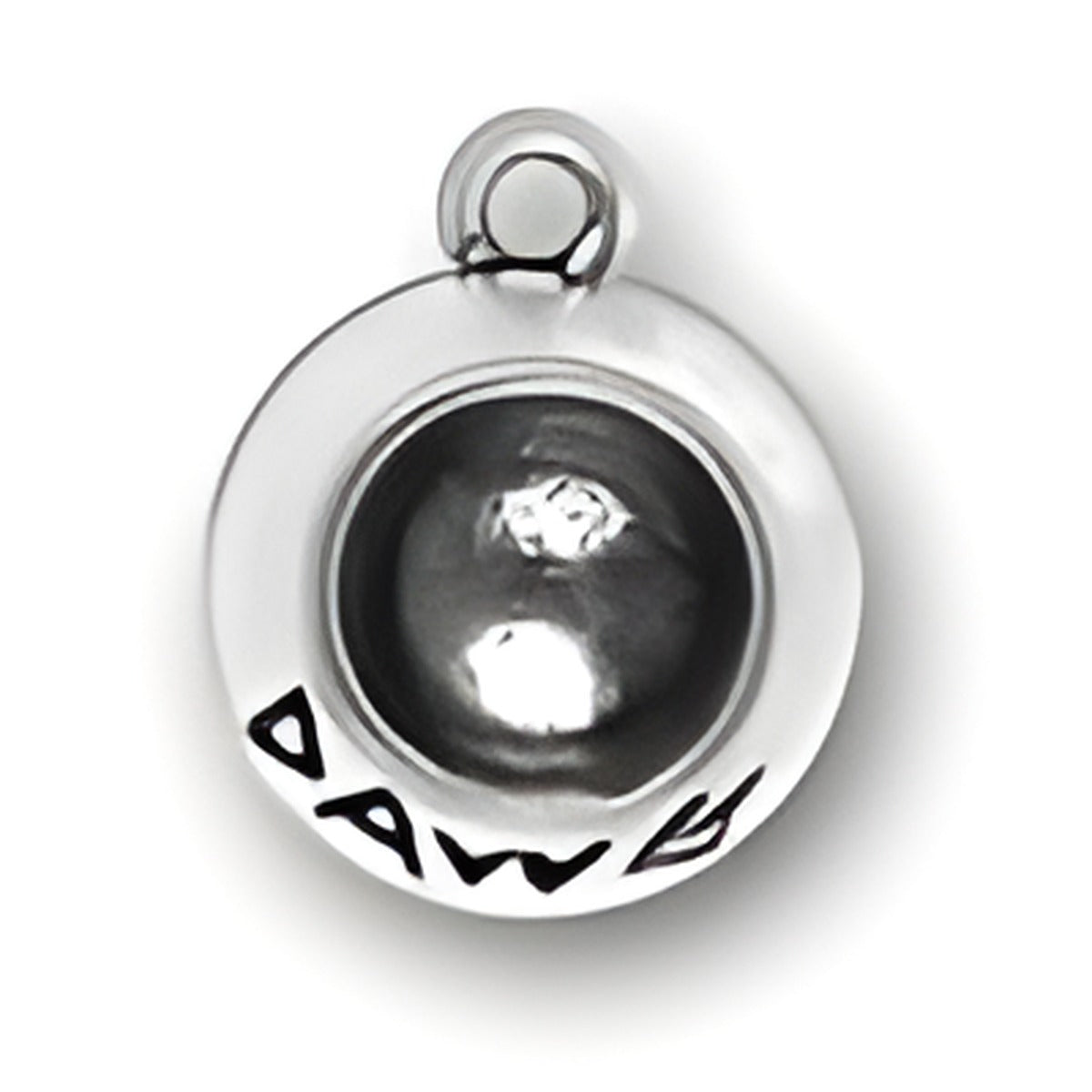 Charm Factory Dog Dish Charm, made of silver, features a round design with 'DAWG' engraved on the side.