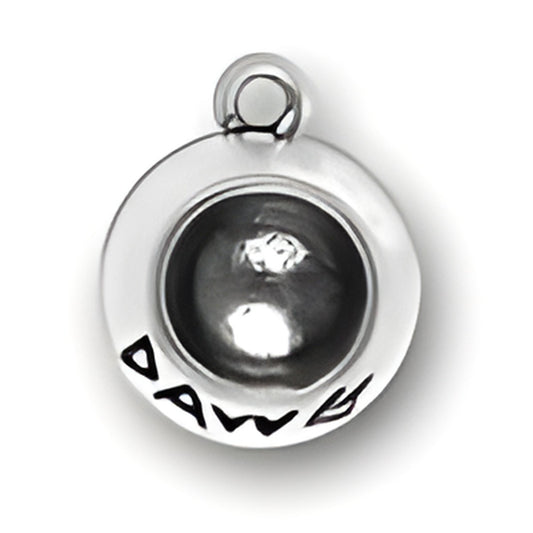 Charm Factory Dog Dish Charm, made of silver, features a round design with 'DAWG' engraved on the side.