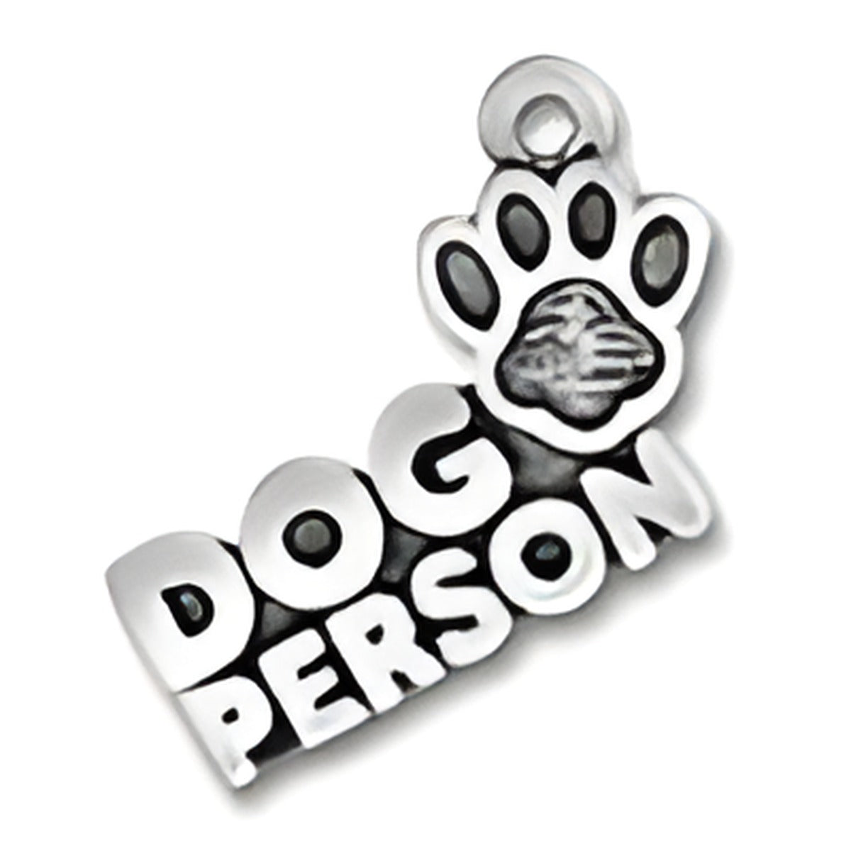 Charm Factory Dog Person Charm made of silver, featuring the words 'DOG PERSON' and a paw print design.