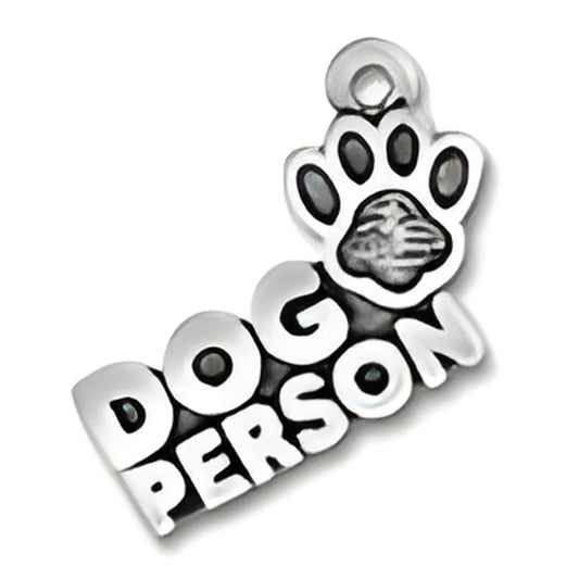 Charm Factory Dog Person Charm made of silver, featuring the words 'DOG PERSON' and a paw print design.