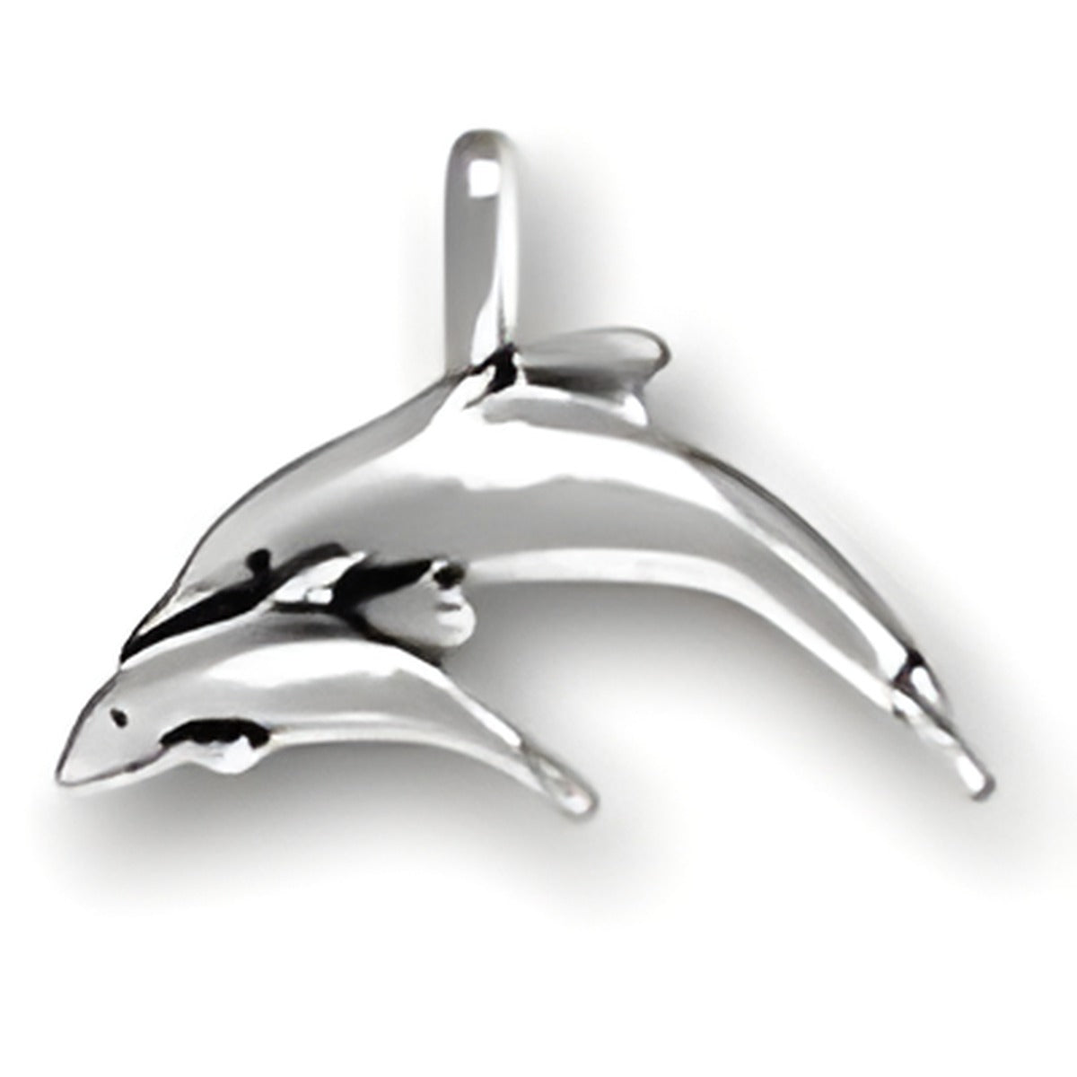 Charm Factory Dolphin and Calf Charm, crafted from sterling silver, featuring a detailed design of a dolphin and its calf.