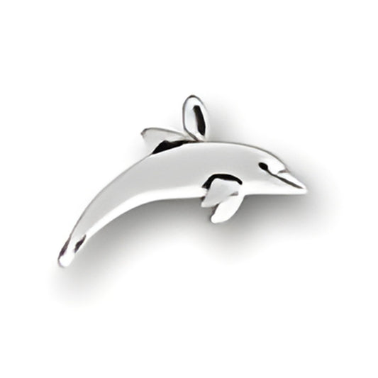 Charm Factory Dolphin Charm made of polished silver, featuring a detailed dolphin design with fins and a playful expression.