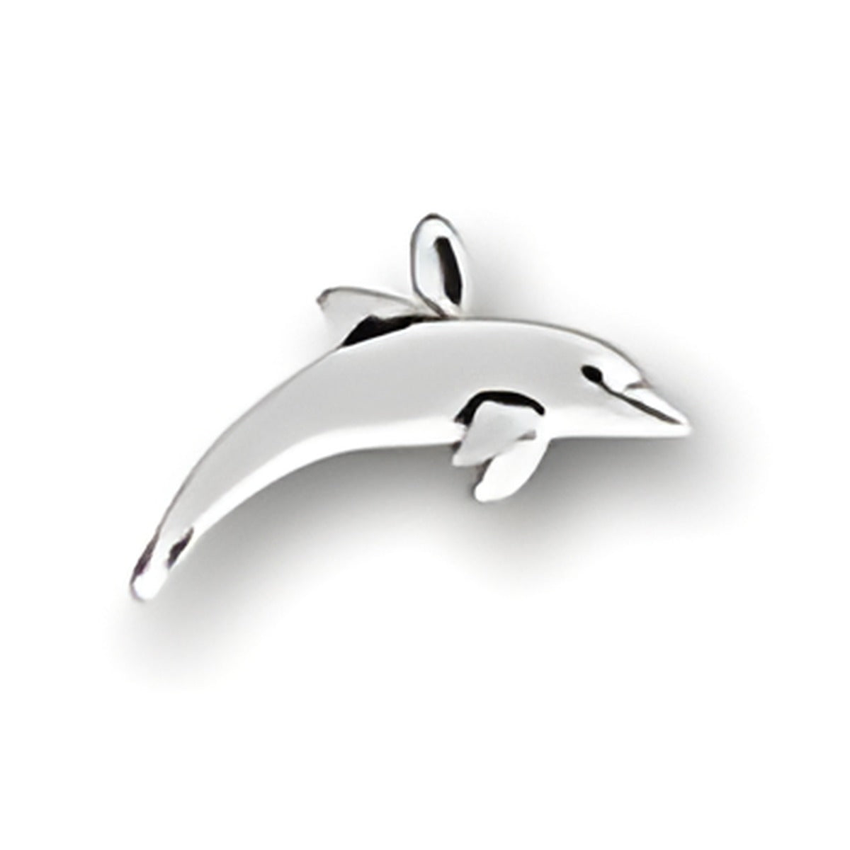 Charm Factory Dolphin Charm made of polished silver, featuring a detailed dolphin design with fins and a playful expression.