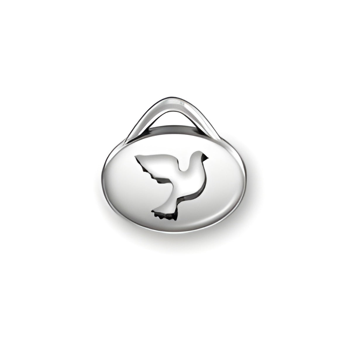 Dove Oval Message Charm by Charm Factory, made of polished silver, featuring a dove silhouette on an oval base.