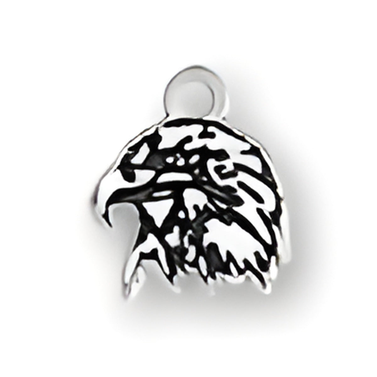 Eagle Head Charm made of sterling silver, featuring detailed engraving of an eagle's head in profile.