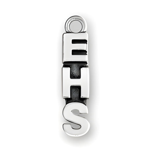 EHS charm in sterling silver, featuring bold letters E, H, and S connected vertically with a loop at the top.