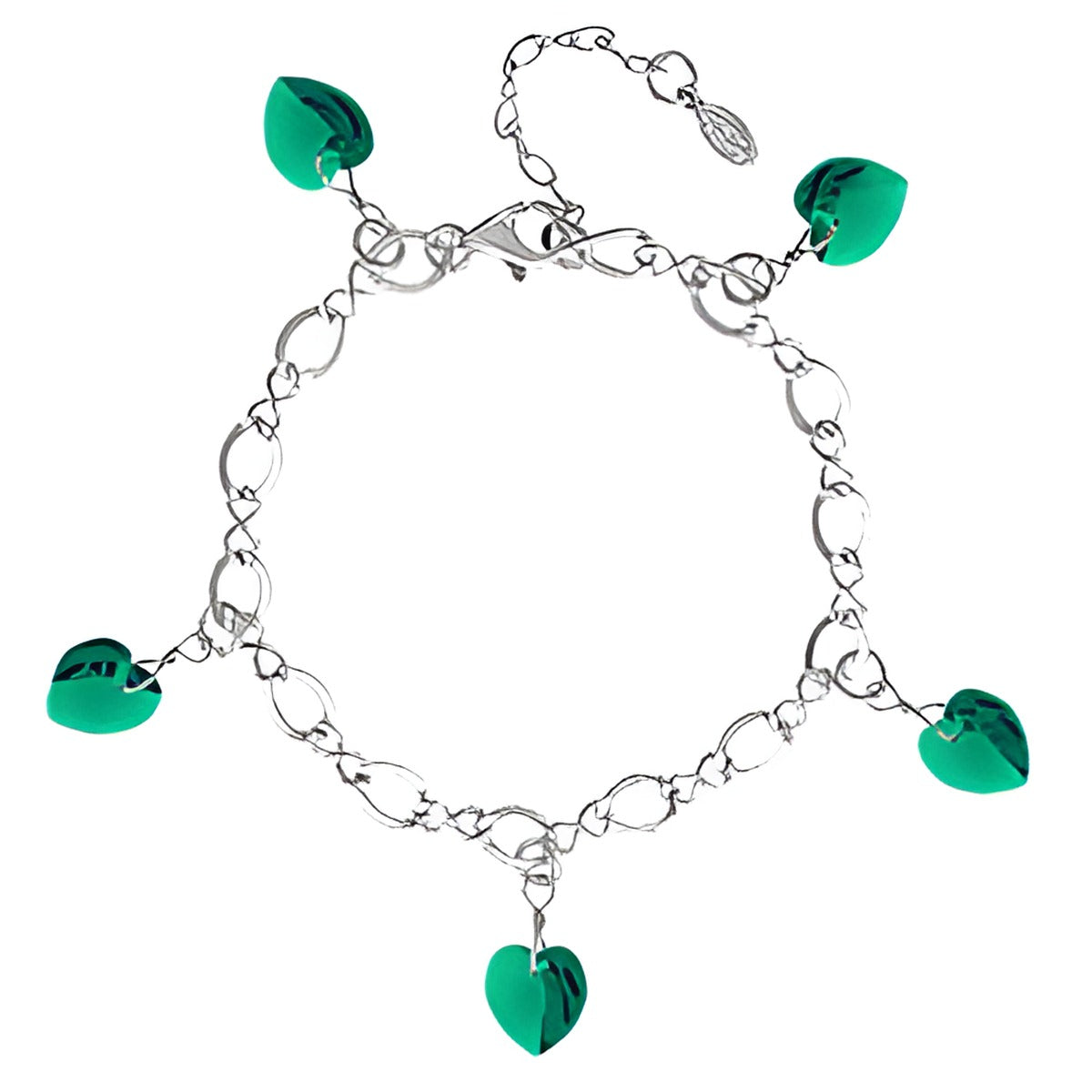 Emerald Bracelet with Crystal Hearts, crafted from sterling silver, featuring green heart-shaped charms on a linked chain.