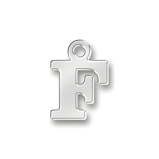 Sterling silver charm in the shape of the letter 'F', featuring a polished finish and a loop for attachment.