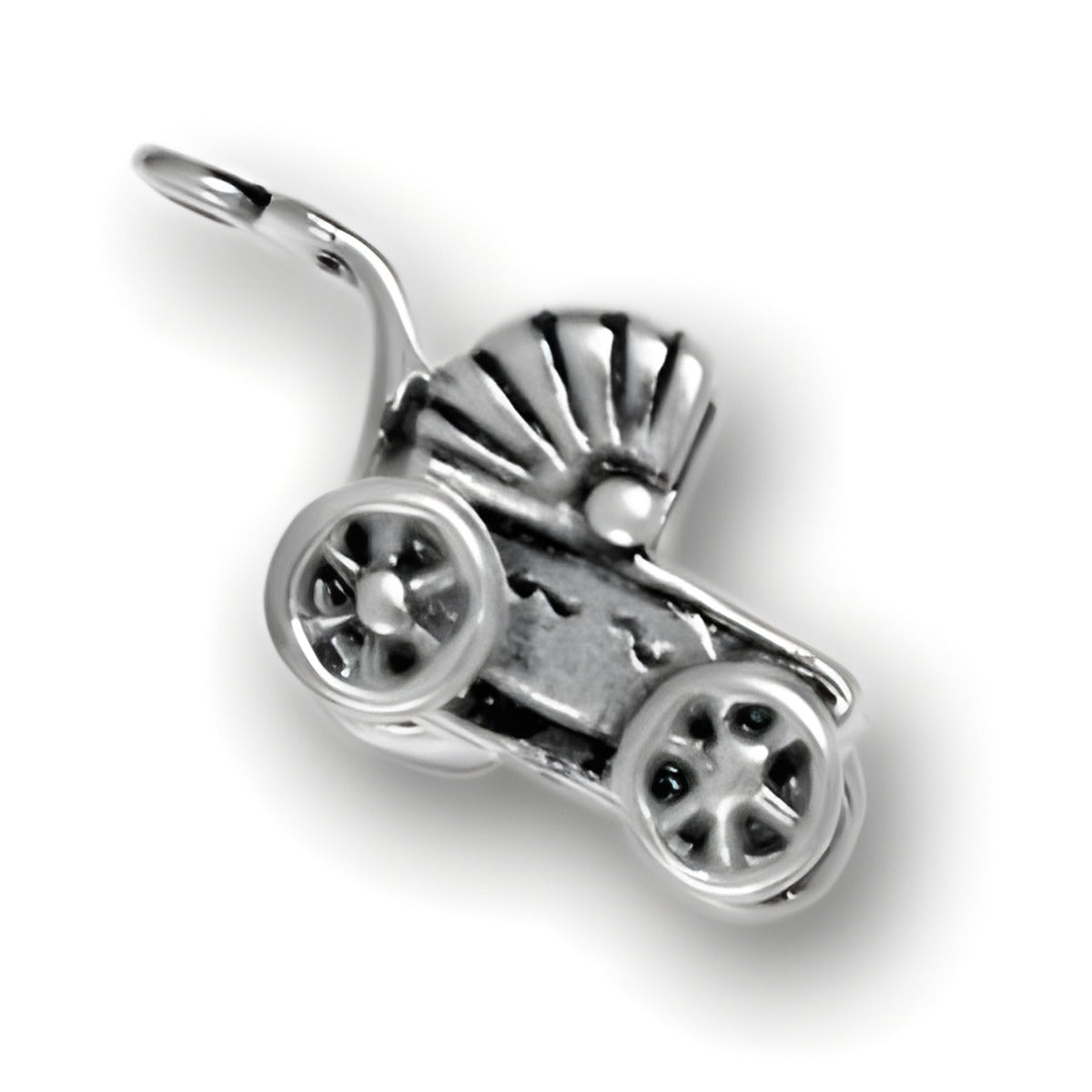 Charm Factory Fancy Baby Carriage Charm, made of silver, features intricate detailing and a classic stroller design.