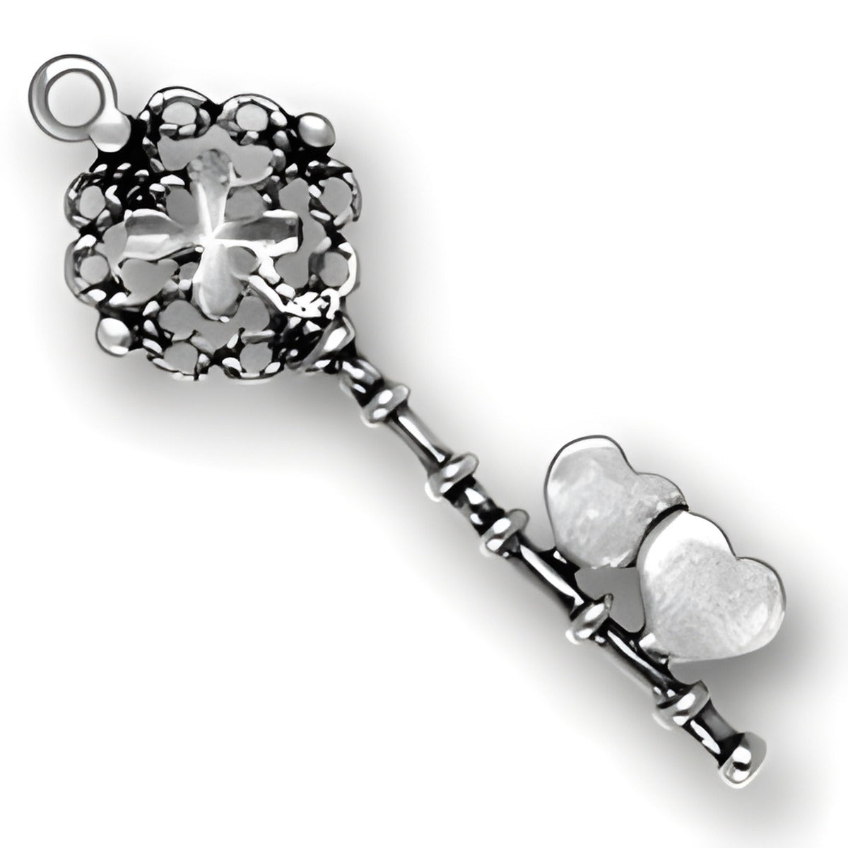 Charm Factory Fancy Key with Hearts Charm, crafted from silver, featuring a decorative heart design and intricate detailing.