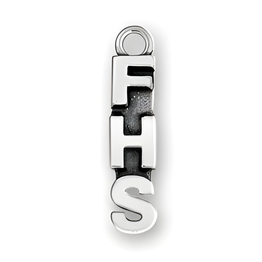 FHS charm in sterling silver, featuring three bold letters 'F', 'H', and 'S' connected in a sleek design.