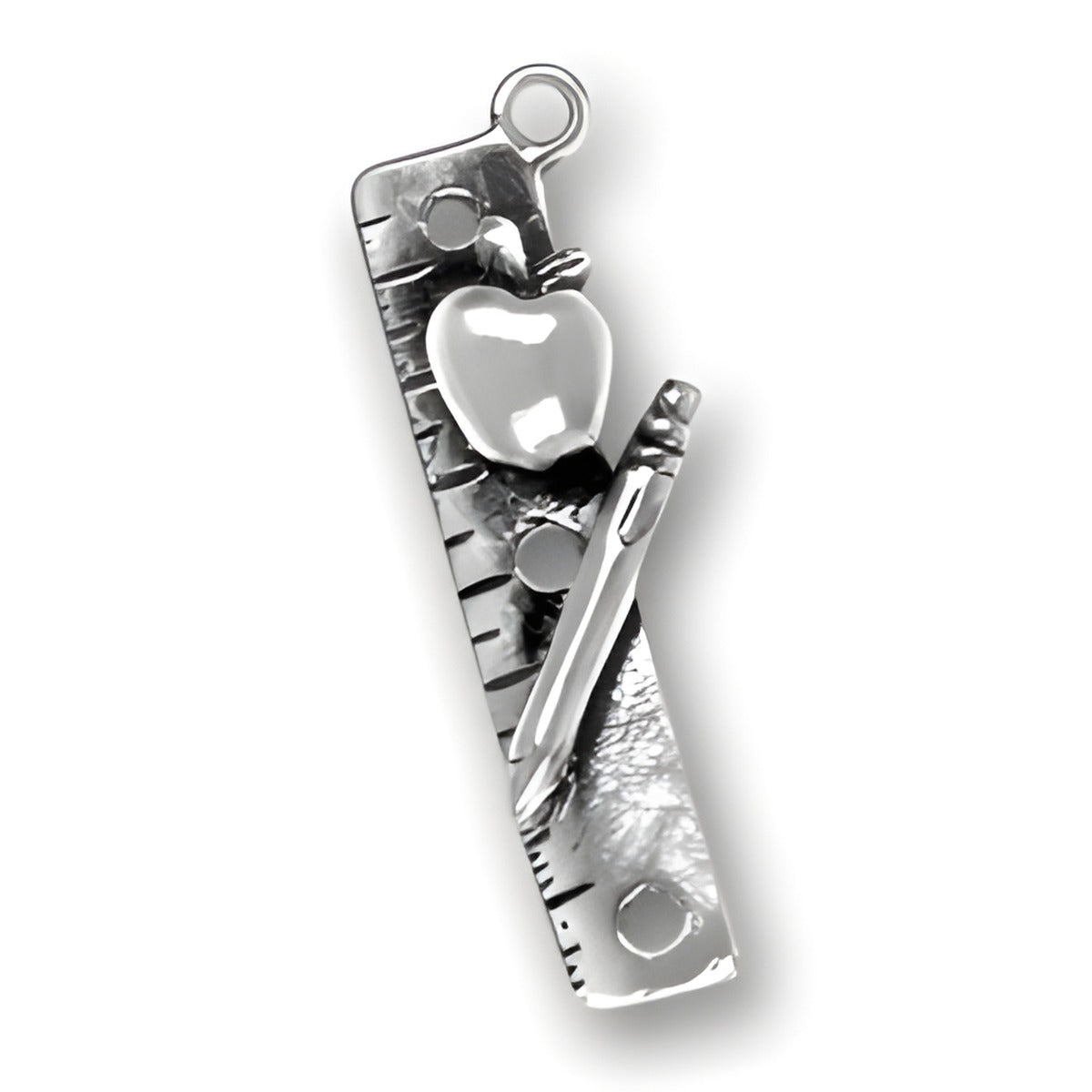 Charm Factory sterling silver charm featuring a ruler with an apple and pencil design, symbolizing the first day of school.