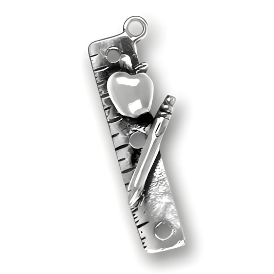 Charm Factory sterling silver charm featuring a ruler with an apple and pencil design, symbolizing the first day of school.