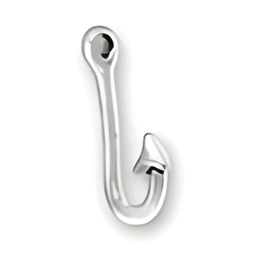Charm Factory Fish Hook Charm made of shiny silver metal, featuring a realistic fish hook design.