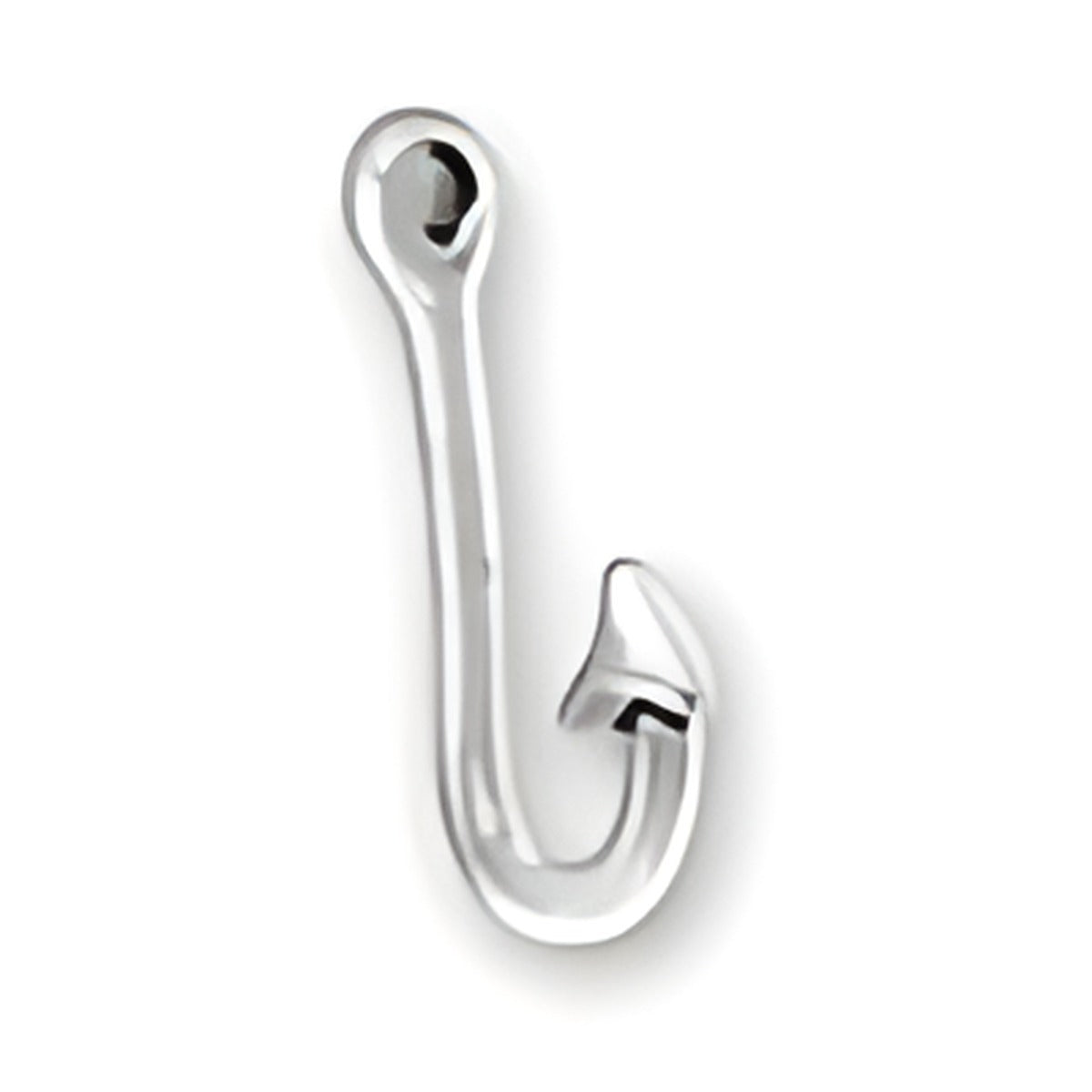 Charm Factory Fish Hook Charm made of shiny silver metal, featuring a realistic fish hook design.