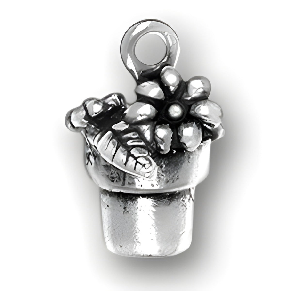 Flower Pot Charm — alternate view of made of sterling silver, featuring a detailed flower and leaves on a small pot.