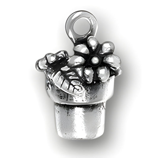 Flower Pot Charm — alternate view of made of sterling silver, featuring a detailed flower and leaves on a small pot.
