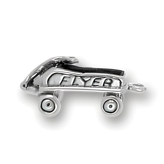 Charm Factory Flyer Wagon Charm, made of silver, features detailed design with wheels and engraved lettering.