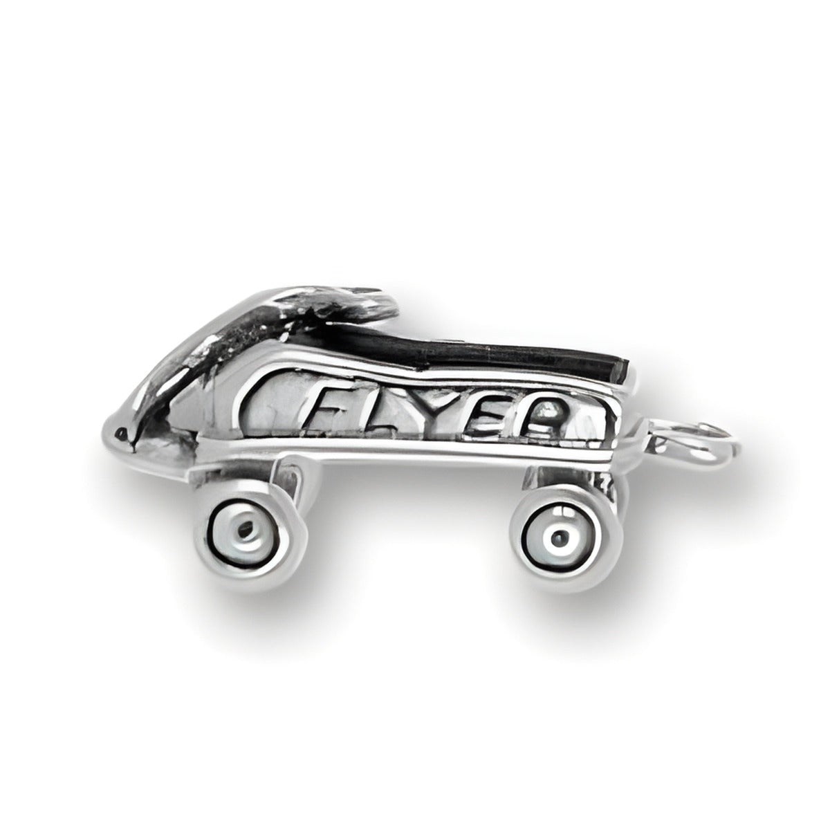 Charm Factory Flyer Wagon Charm, made of silver, features detailed design with wheels and engraved lettering.