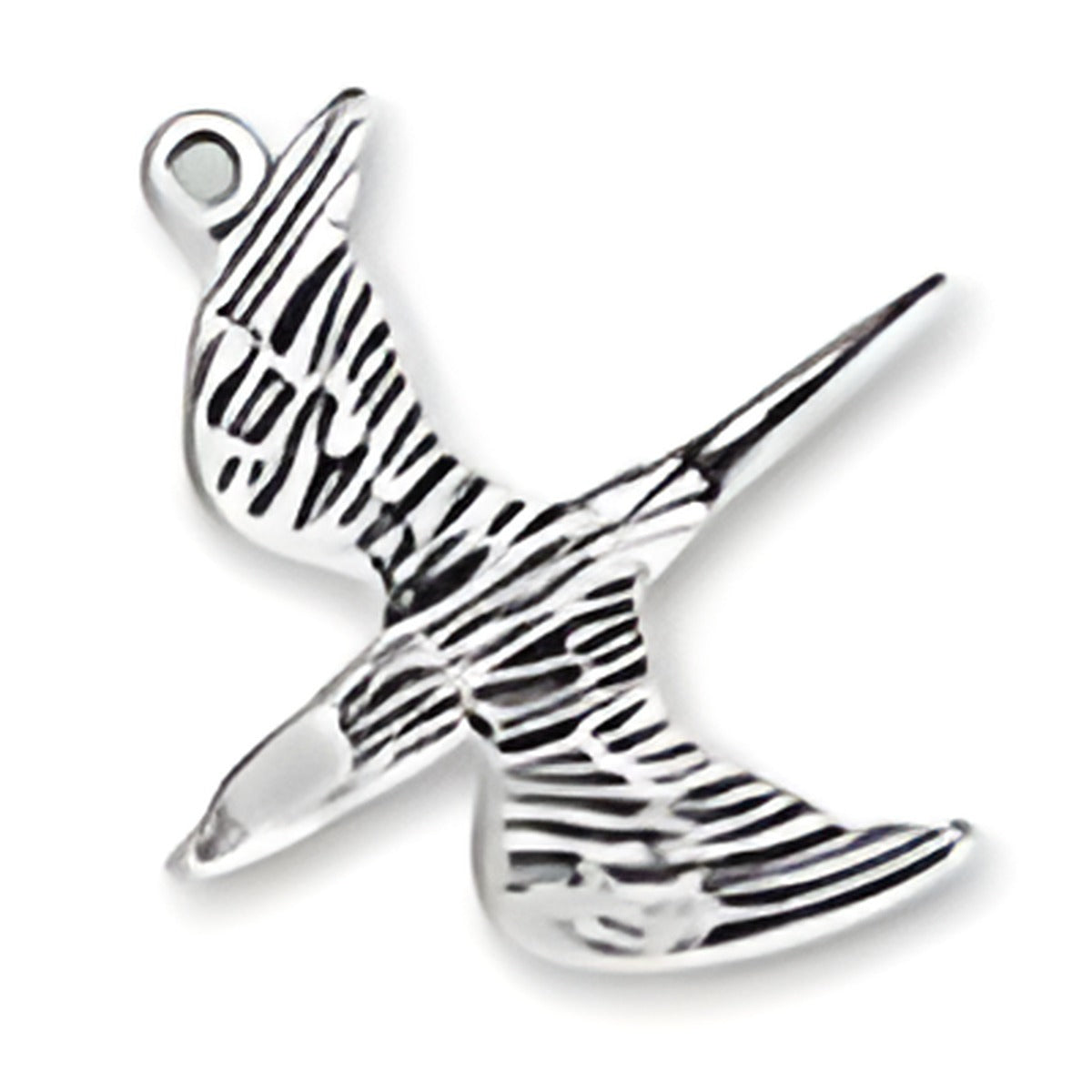 Flying Bird Charm by Charm Factory, crafted from silver with detailed feather patterns and a loop for attachment.
