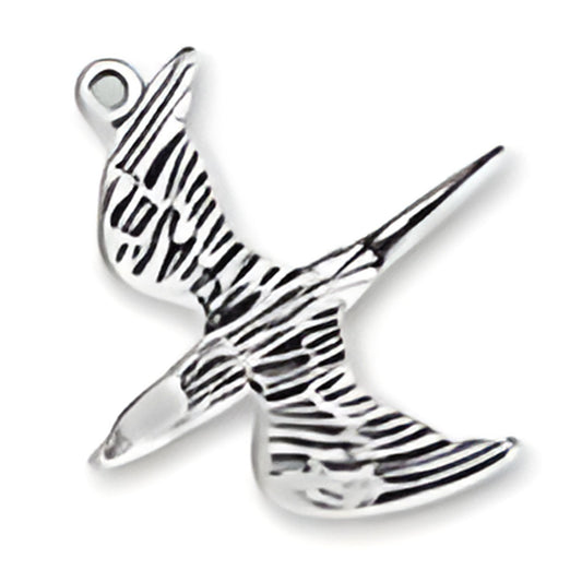 Flying Bird Charm by Charm Factory, crafted from silver with detailed feather patterns and a loop for attachment.