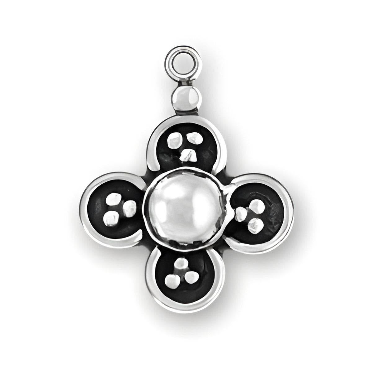 Four Leaf Clover Charm made of sterling silver, featuring a polished center and textured leaves.