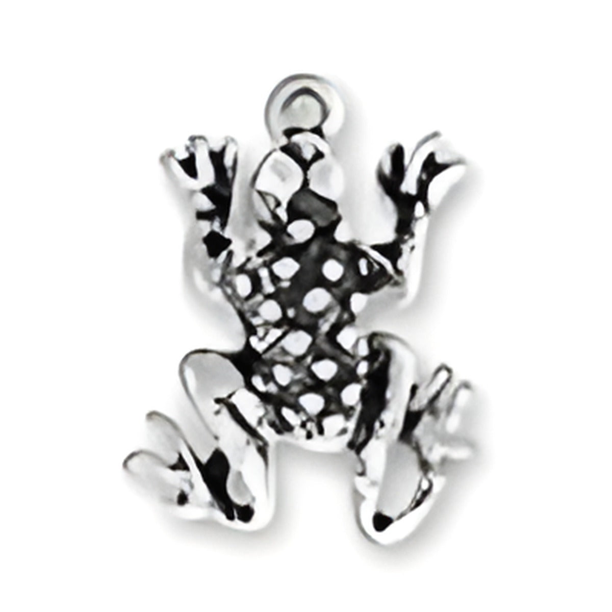 Charm Factory Frog Charm made of silver, featuring detailed texture and a playful pose with outstretched limbs.