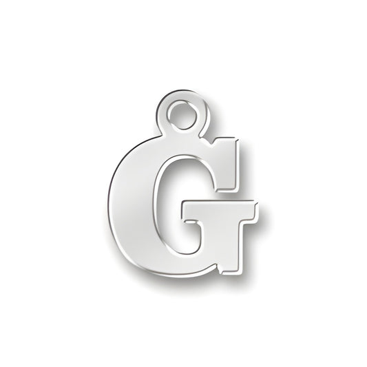 Sterling silver charm featuring the letter 'G' in a polished finish, designed for charm bracelets or necklaces.