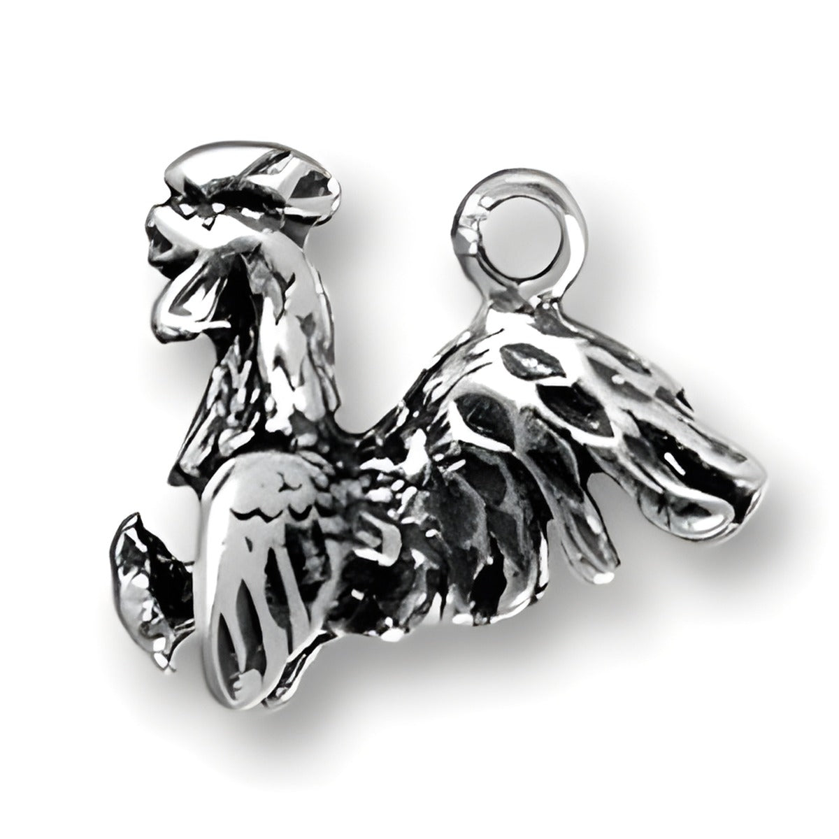 Gamecock Charm made of silver, featuring a detailed design of a gamecock with intricate feather detailing.