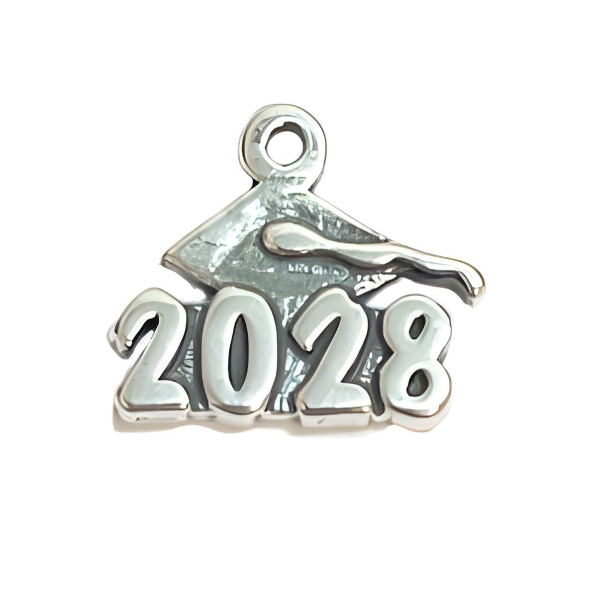 Charm Factory Graduation Charm 2028, made of silver-tone metal, featuring a graduation cap and the year 2028.