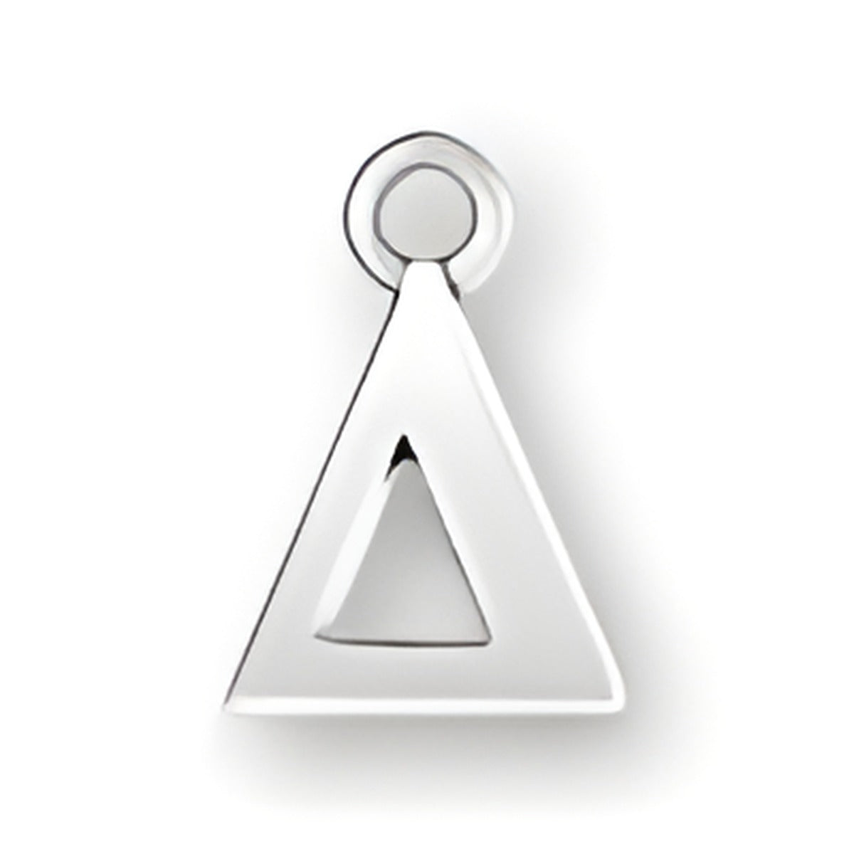 Charm Factory Greek Alphabet Delta Charm, made of polished silver, featuring a triangular design with a cutout.
