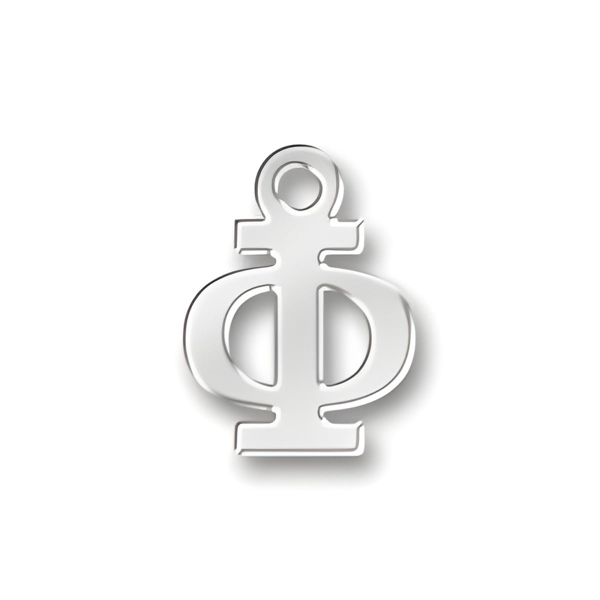 Greek Phi Charm made of sterling silver, featuring a polished design with a loop for attachment.
