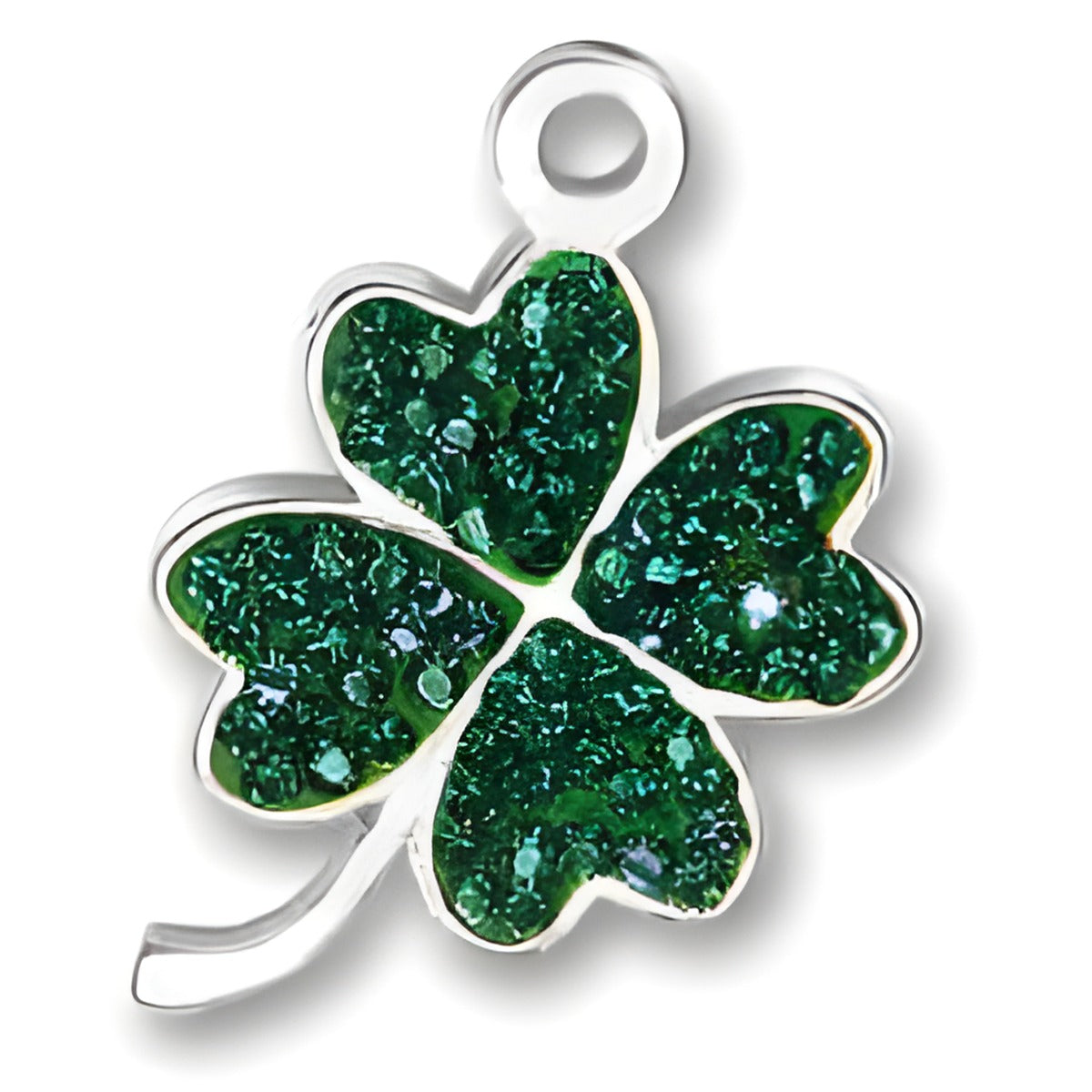 Green Clover Charm made of sterling silver with green glittering enamel. Features four heart-shaped leaves.