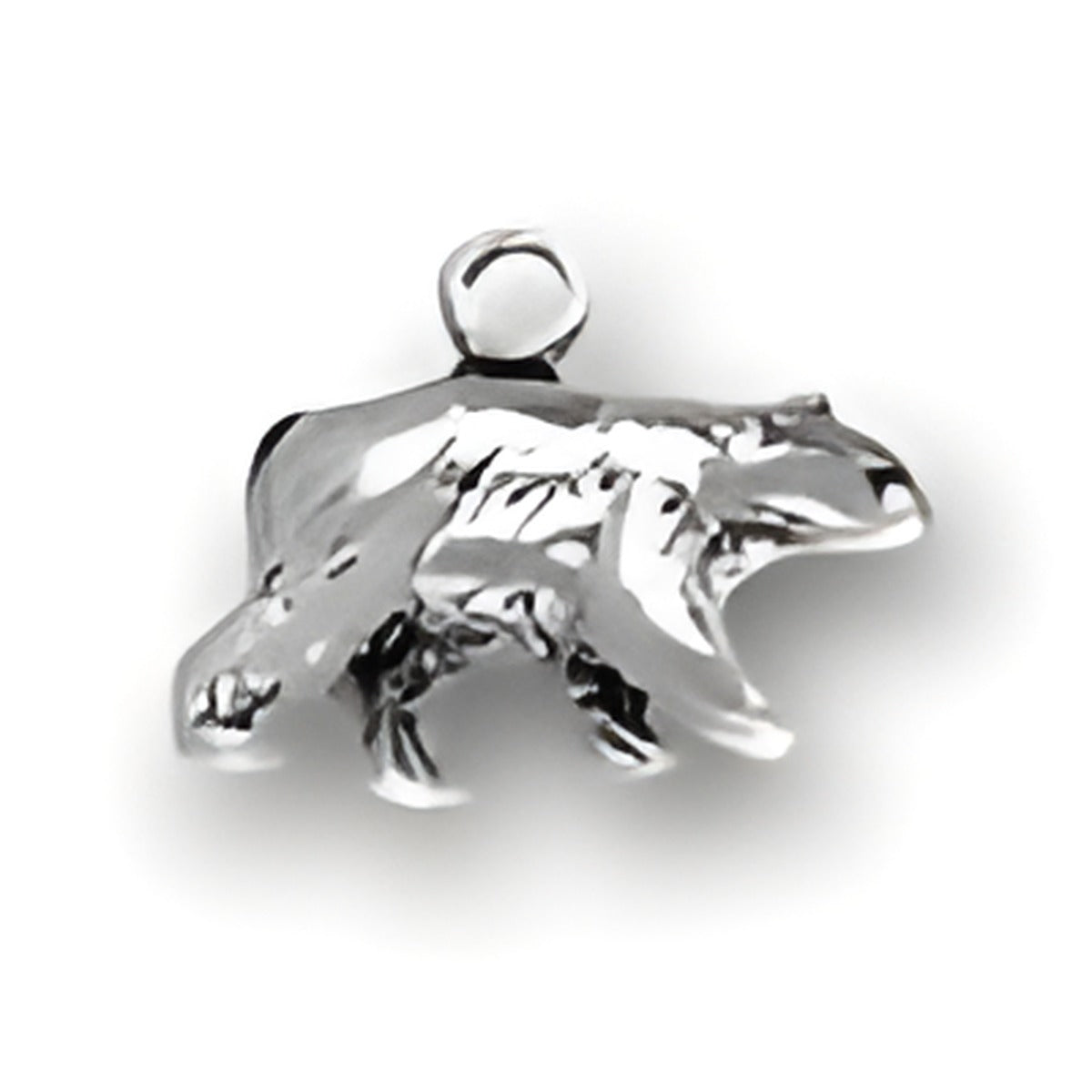 Grizzly Bear Charm by Charm Factory, crafted from polished silver, featuring detailed bear design with a loop for attachment.