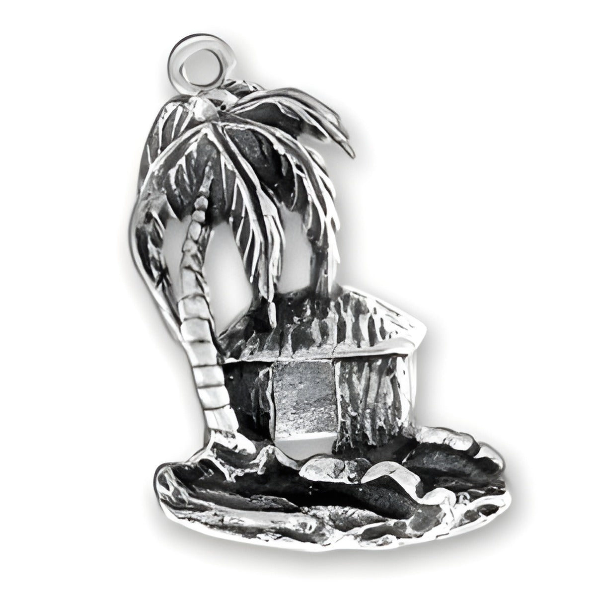 Hawaii Palm Tree Charm made of sterling silver, featuring a palm tree and a small hut on a sandy base.