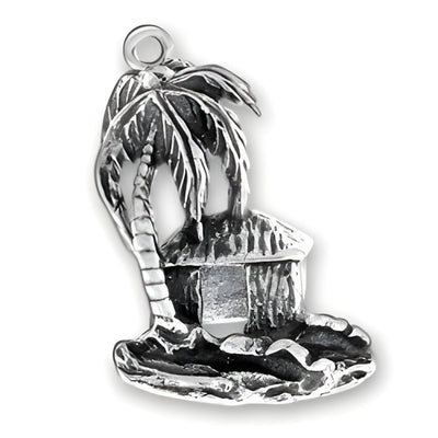 Hawaii Palm Tree Charm made of sterling silver, featuring a palm tree and a small hut on a sandy base.