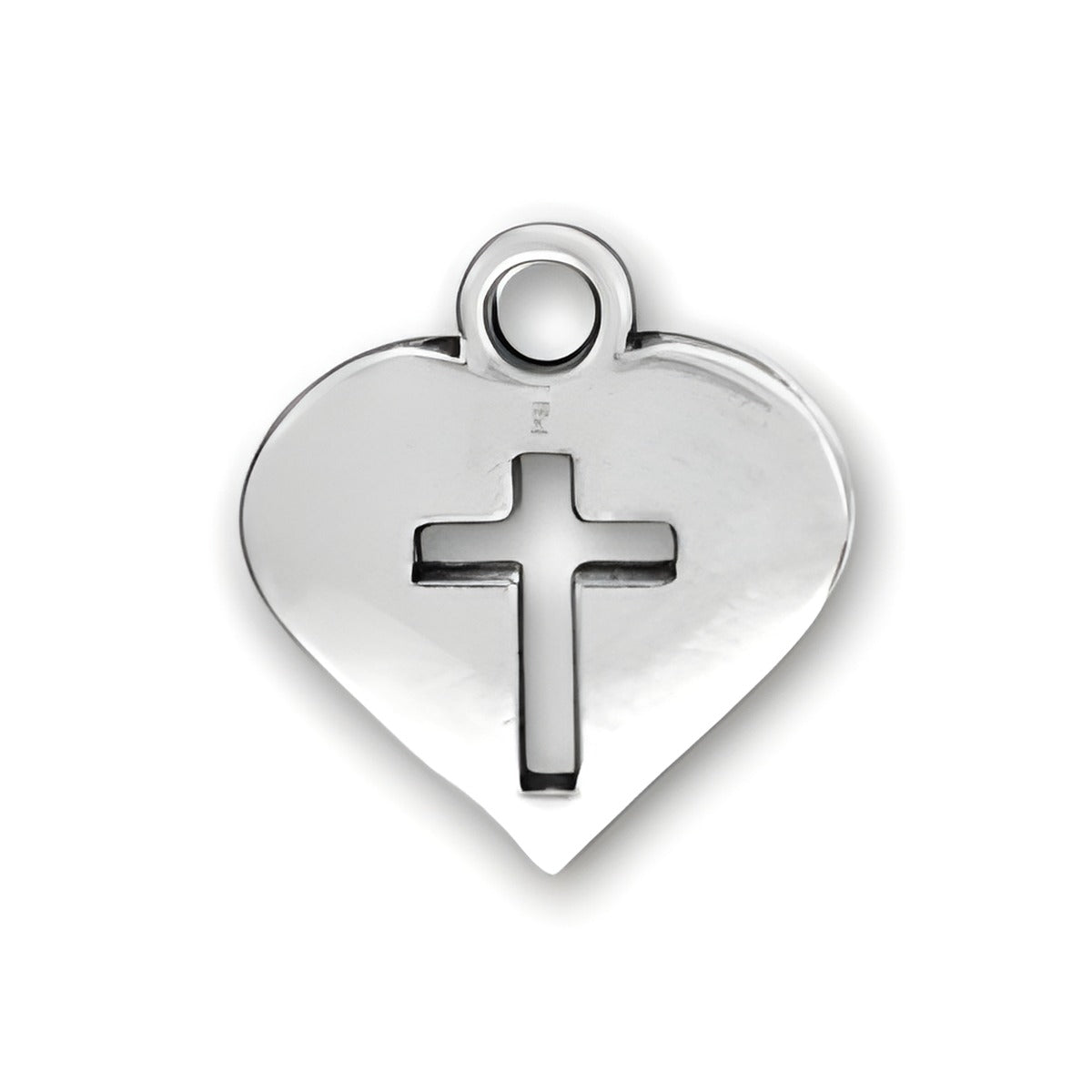 Heart Cross Charm made of sterling silver, featuring a cut-out cross design in the center of a heart shape.