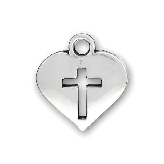 Heart Cross Charm made of sterling silver, featuring a cut-out cross design in the center of a heart shape.
