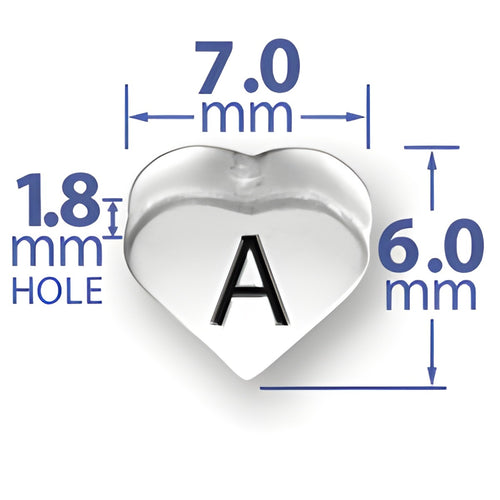 Heart-shaped bead in sterling silver with the letter 'A'. Dimensions: 7.0mm width, 6.0mm height, 1.8mm hole.