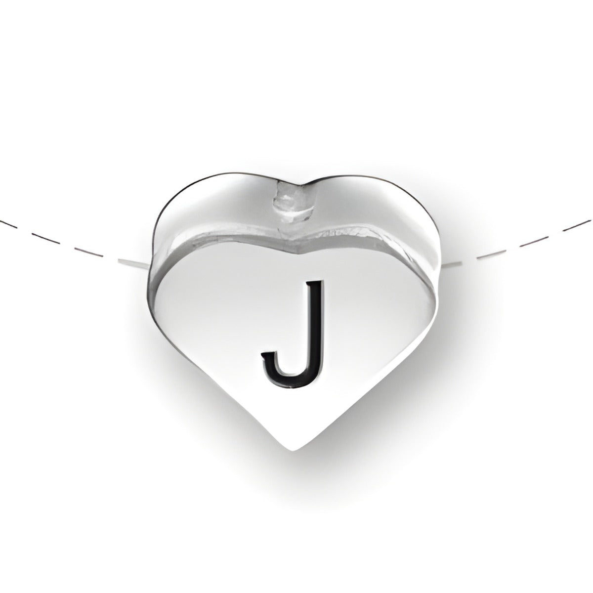 Heart-shaped bead with the letter 'J' in black, made of sterling silver by Charm Factory.