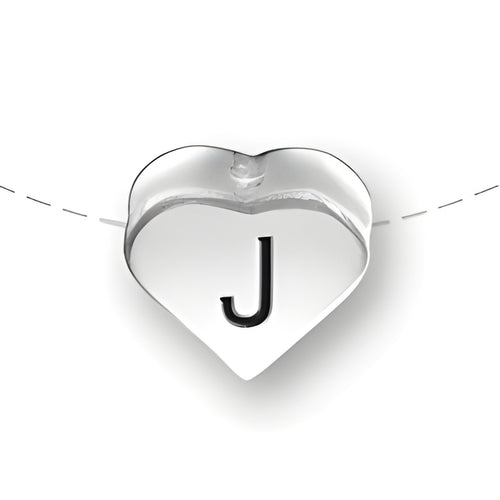 Heart-shaped bead with the letter 'J' in black, made of sterling silver by Charm Factory.